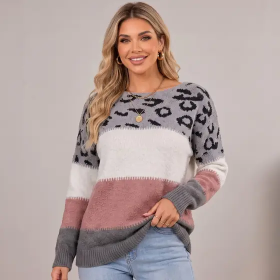 Blusa Manga Longa Gola Canoa Feminina Tricot Estampa Onça Manga Longa Inverno Casual Estilosa