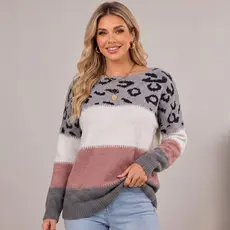 Blusa Manga Longa Gola Canoa Feminina Tricot Estampa Onça Manga Longa Inverno Casual Estilosa