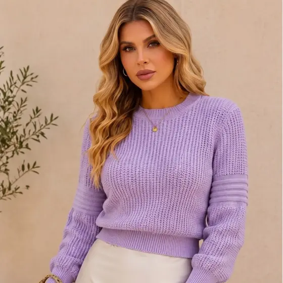 Blusa Feminina Tricot Canelado Manga Longa Bufante Inverno Casual Elegante