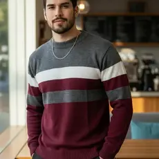 Suéter Masculino Tricot  Blusa Manga Longa Listrado Inverno Quentinho Tendência Moderno