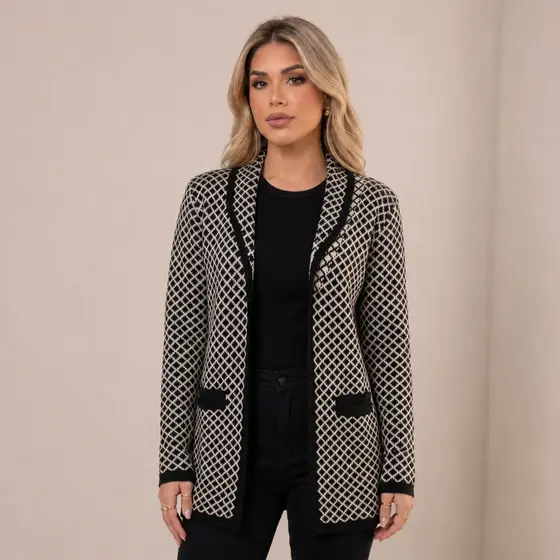 Cardigan Feminino Tricot Quadriculado Manga Longa Alongado Casual Elegante