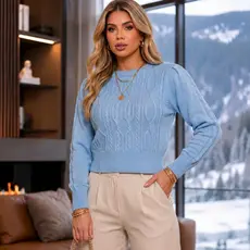 Blusa Cropped Feminina Tricot Trançada Manga Longa Inverno