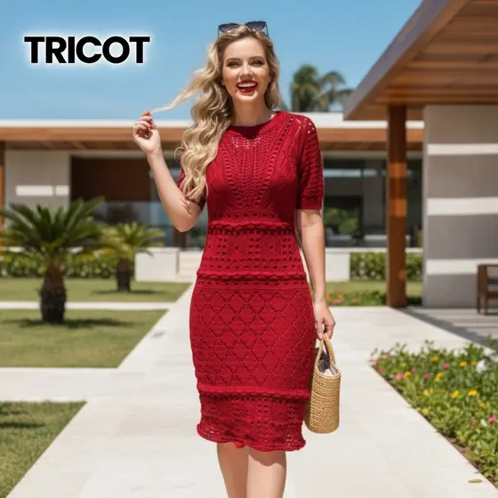 Tricot Vestido Midi Vazado Manga Curta Verão Luxo Dia a Dia Casual Elegante Tendência Moda Feminina