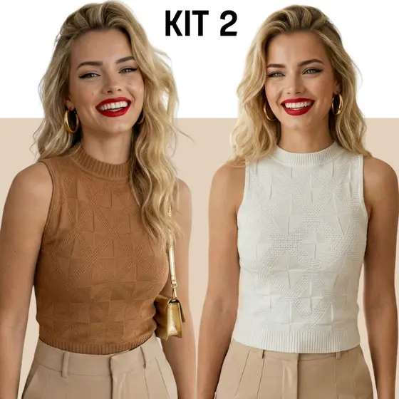 Kit 2 Cropped Tricot Modal Desenho Losango Regata Justa Básica Fresquinha Dia a Dia Feminino