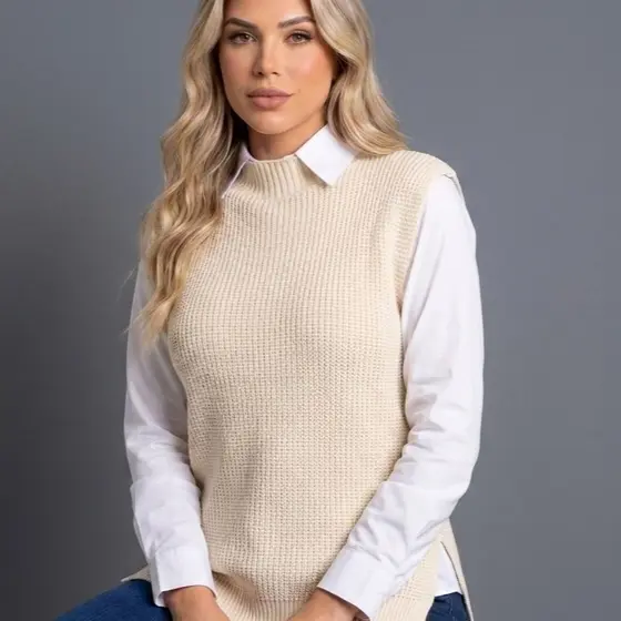 Colete Tricot Texturizado Gola Redonda Inverno Tendência Luxo Blogueira Chic Casual Feminino