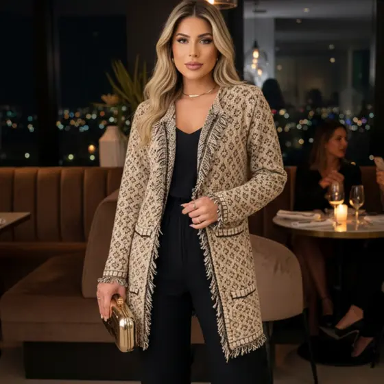 Cardigan Feminino Tricot Longo Franjas Inverno Luxo Tendência Blogueira Estilosa Moda