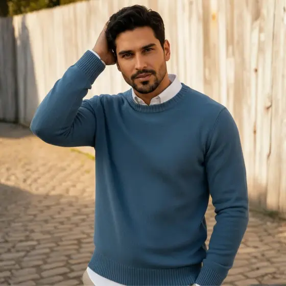 Blusa Masculina Tricot Gola Redonda Básica Manga Longa Versátil Moderna Inverno Frio