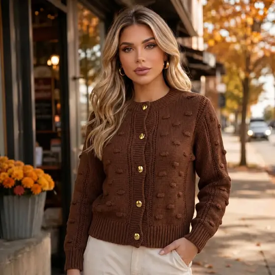 Cardigan Feminino Elegante Tricot Com Botões Manga Longa