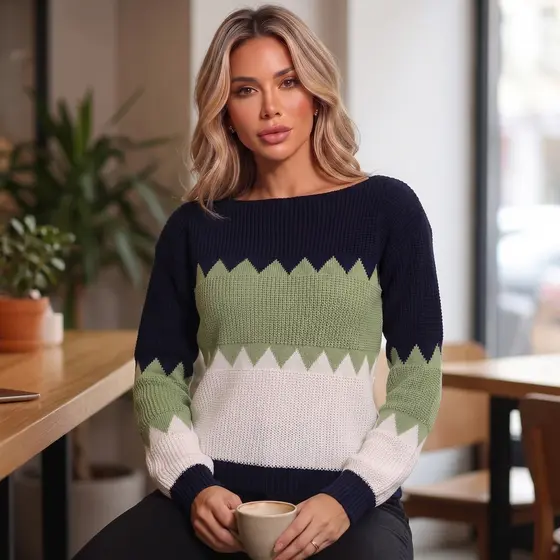Suéter Blusa Feminina Tricot Manga Longa  Gola Redonda Moda Gringa Premium Zigue-zague