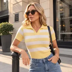 Blusa Feminina Ticot Modal Listrada Gola Polo em T-Shirt Elegante Moda Gringa