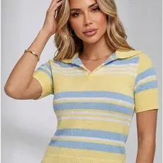 Blusa Feminina Gola Polo Listrada Tricot Modal Premium Manga Curta Verão Tricô