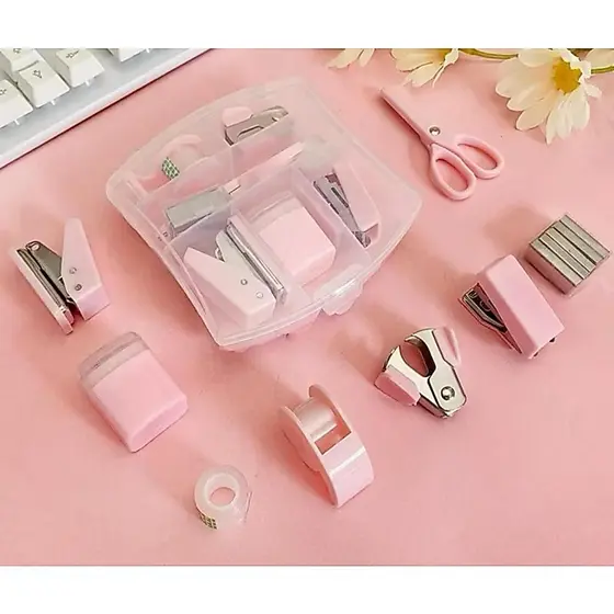 kit mini grampeador + perfurador + fita adesiva + extrator + tesoura