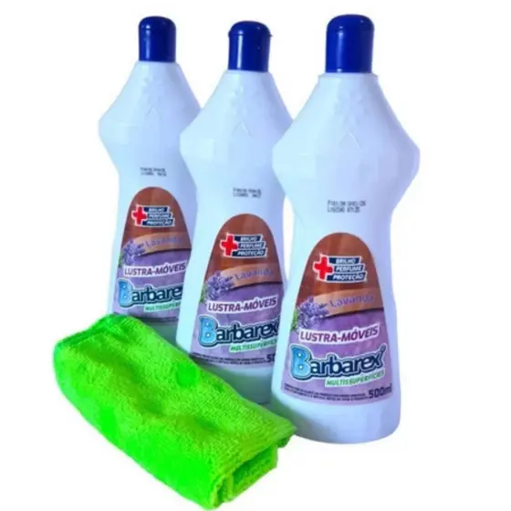 Kit 3 Lustra Móveis Barbarex + Pano Microfibra Restaurador de Brilho Biodegradável Protetor