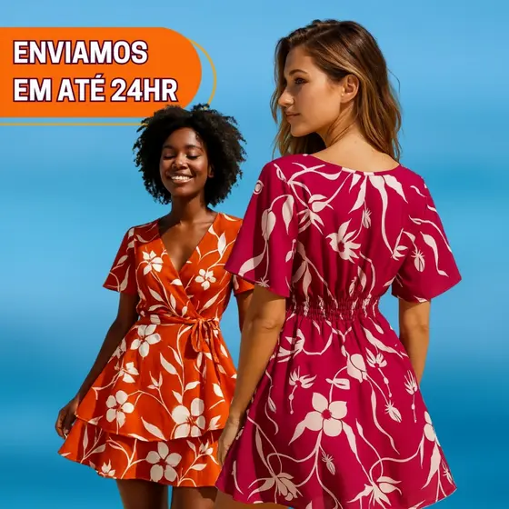Vestido Feminino Boho Verão Curto Com Manga Curta Floral Viscose Ou Liso Duna