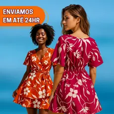 Vestido Feminino Boho Verão Curto Com Manga Curta Floral Viscose Ou Liso Duna