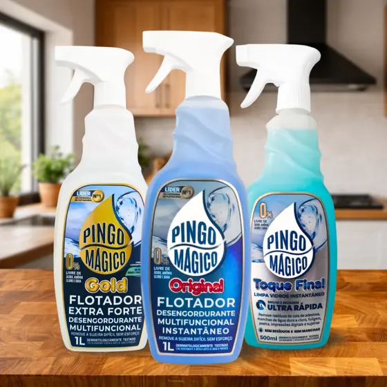 Kit Pingo Mágico Original Flotador 1L + Desengordurante Gold 1L + Limpa Vidros 500ml