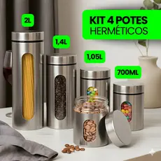 Kit 4 Potes Mantimento Condimento Conserva Vidro Inox e Preto l Com Visor