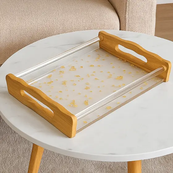 Bandeja com Folhas de Ouro Decorativa Acrilico Cristal