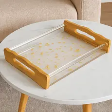 Bandeja com Folhas de Ouro Decorativa Acrilico Cristal