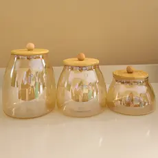 Kit Potes de Vidro com Tampa Bambu Dourado ÂMBAR BOLINHA Hermético Porta Mantimentos organização cozinha decoração