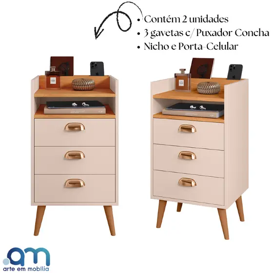 Kit 2 Gaveteiros Heloísa 3 Gavetas com Nicho com puxadores concha – Mesa de Cabeceira Mini Cômoda Organizador P/ Quarto