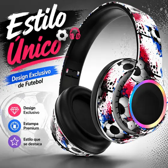 Fone Bluetooth Sem Fio RGB Headphone Gamer Over-Ear Som Grave Forte com Microfone Estilo Futebol para Celular