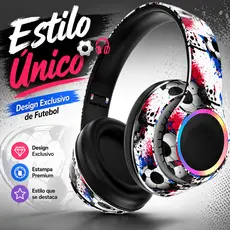 Fone Bluetooth Sem Fio RGB Headphone Gamer Over-Ear Som Grave Forte com Microfone Estilo Futebol para Celular