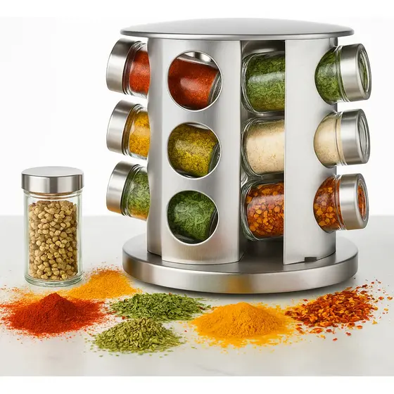 Porta Temperos e Condimentos Giratório de Inox com 12 Potes | Base 360º | Potes de Vidro | Organização para Cozinha
