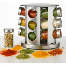 Porta Temperos e Condimentos Giratório de Inox com 12 Potes | Base 360º | Potes de Vidro | Organização para Cozinha