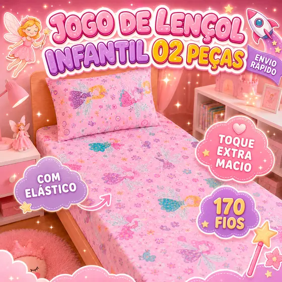 Jogo Lençol Infantil 2 Peças Menina Menino Crianças Macio Com Elástico Princesa Fada Dinossauro