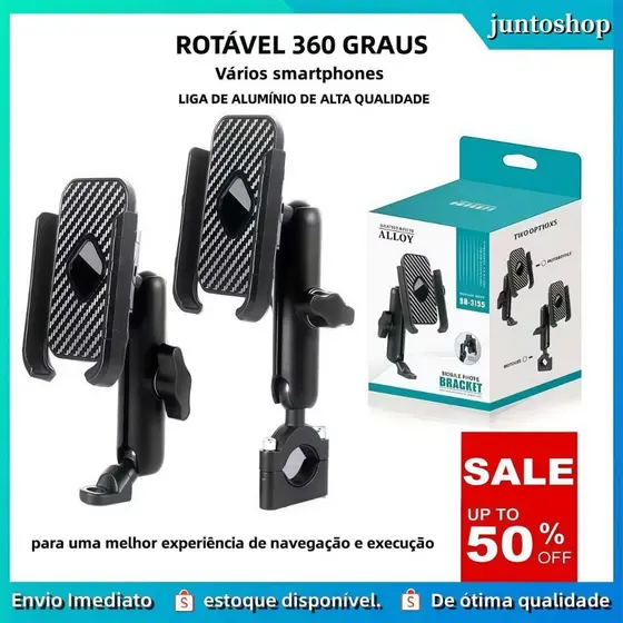 Suporte Celular Moto Alumínio Sólido, 360° Giratório, Ajustável, Anti-Queda - Compatível com Celulares 4-6 Polegadas