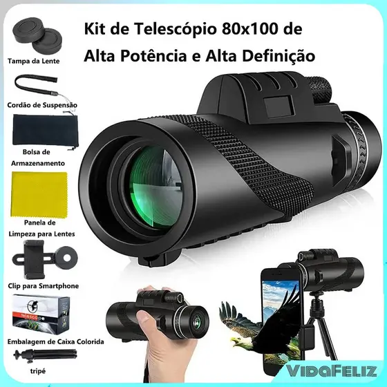 Telescópio Portátil 80x100 HD com Tripé – Compatível com Celular, Ideal para Viagens Monoculo Telescópio
