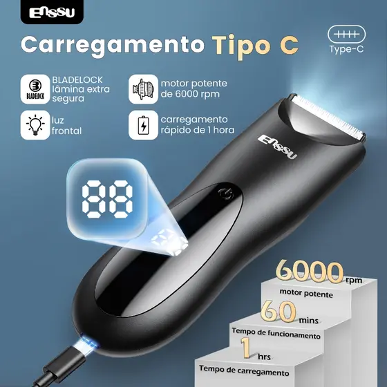 Aparador de Pelos Masculino Corpo Inteiro e Íntimos, Virilha Peito Costas, com Luz LED, USB Tipo-C
