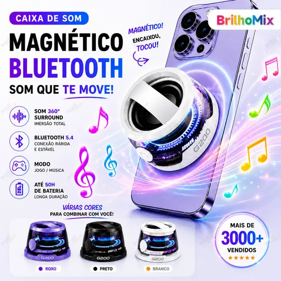 Caixa de Som LED Bluetooth Magnética – Mini Speaker RGB, Portátil, À Prova d’Água