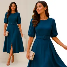 Vestido Midi Casamento Civil Noiva Com Manga E Cinto Forrado
