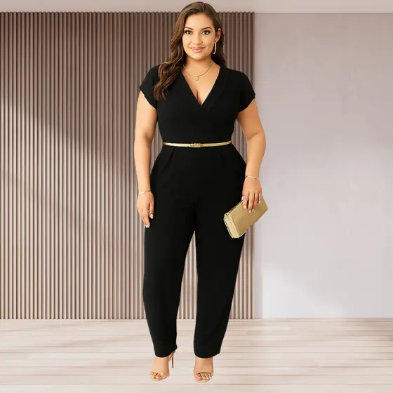 Macacão Regata Decote V Plus Size com Bolso Tecido Duna Leve e confortavel