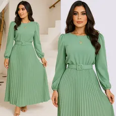 Vestido Evangélico Forrado Manga Longa Plissado Com Cinto Duna