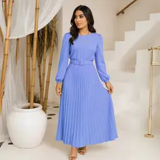 Vestido Longo Forrado Saia Plissada Manga Longa Meia Estação