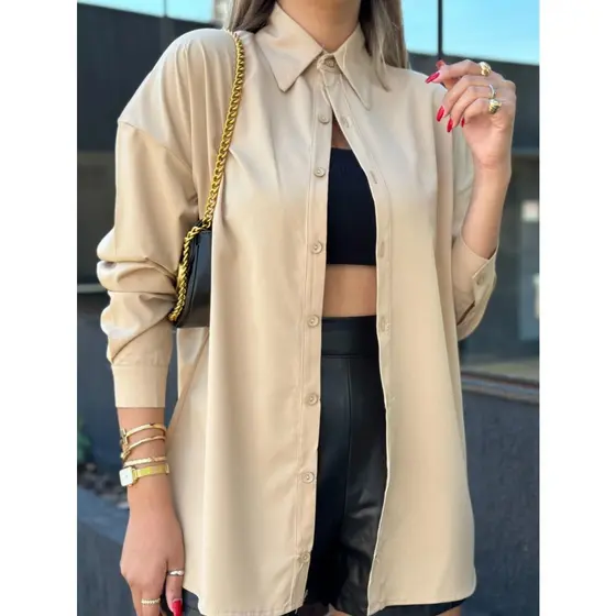 Camisa Feminina Manga Longa Social Com Botão Listrada Risca de Giz