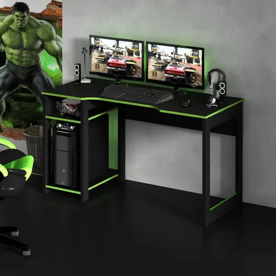 Mesa Gamer 2 Prateleiras Porta Cpu Preto e Verde