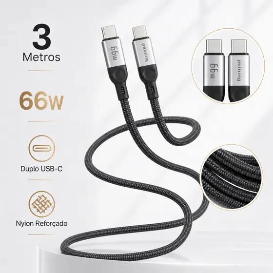Cabo Tipo-C para Tipo-C 66W Turbo 3 Metros Nylon Reforçado Peining para iPhone 15 e Notebook