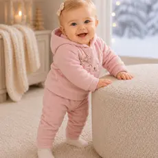 Conjunto Bebê Meninas em Soft Bordado Gatinha Capuz Laço 2 Peças Casaco Calça para Inverno