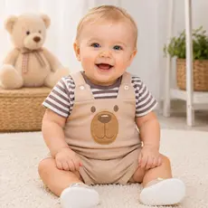 Conjunto Bebê Menino Jardineira Bordada + Camiseta Listrada Manga Curta Masculino