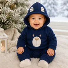 Conjunto Bebê Menino em Soft Bordado Capuz com Orelhinha 2 Peças Casaco + Calça para Bebês