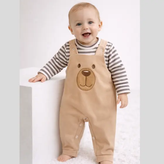 Conjunto para Bebê Menino Jardineira + Camiseta Longa Bordada Listras Inverno Algodão