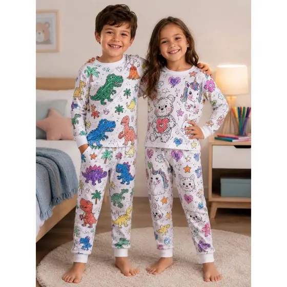 Pijama de Colorir Inverno Manga Longa Lavável Menina Menino com Kit de Canetinhas