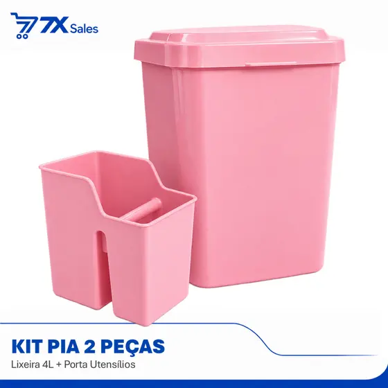 Kit Pia Lixeira 4 Litros e Porta Utensílios 2 Peças Rosa