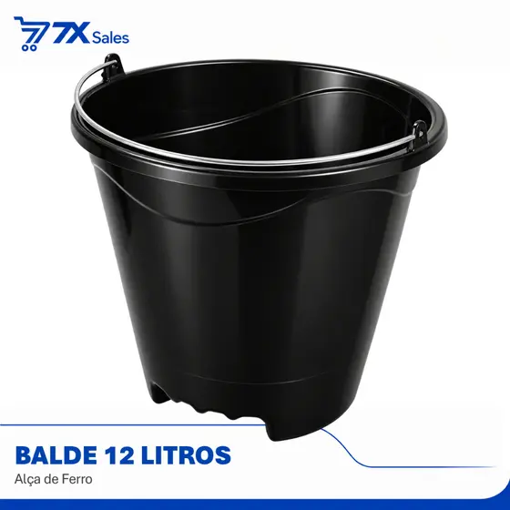 Balde 12 Litros Preto com Apoio de Mão Alça de Ferro Reforçado