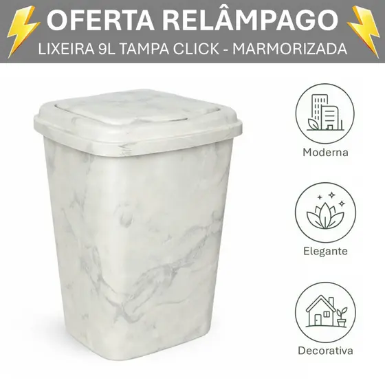 Lixeira 9 Litros Tampa Click Cinza Mármore Compacta