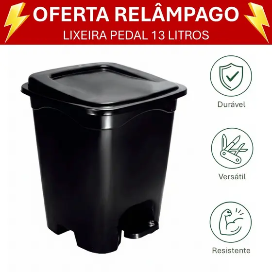 Lixeira 13 Litros Abertura por Pedal Preta Quadrada